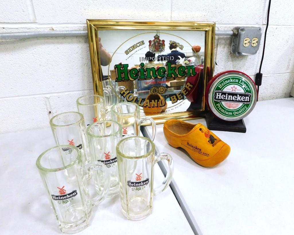 Heineken Beer Advertising Lot incl Bar Mirror, 6 Beer Mugs, Advertising Point of Sale Item, Clog (1 of 5)
