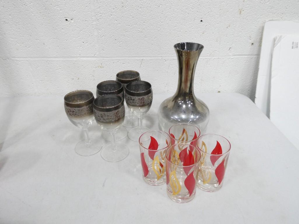 MCM Lot incl 4 Red and Gold Flame Glasses, Silver Fade Carafe, 5 Silver Fade Stemware Glasses (1 of 6)