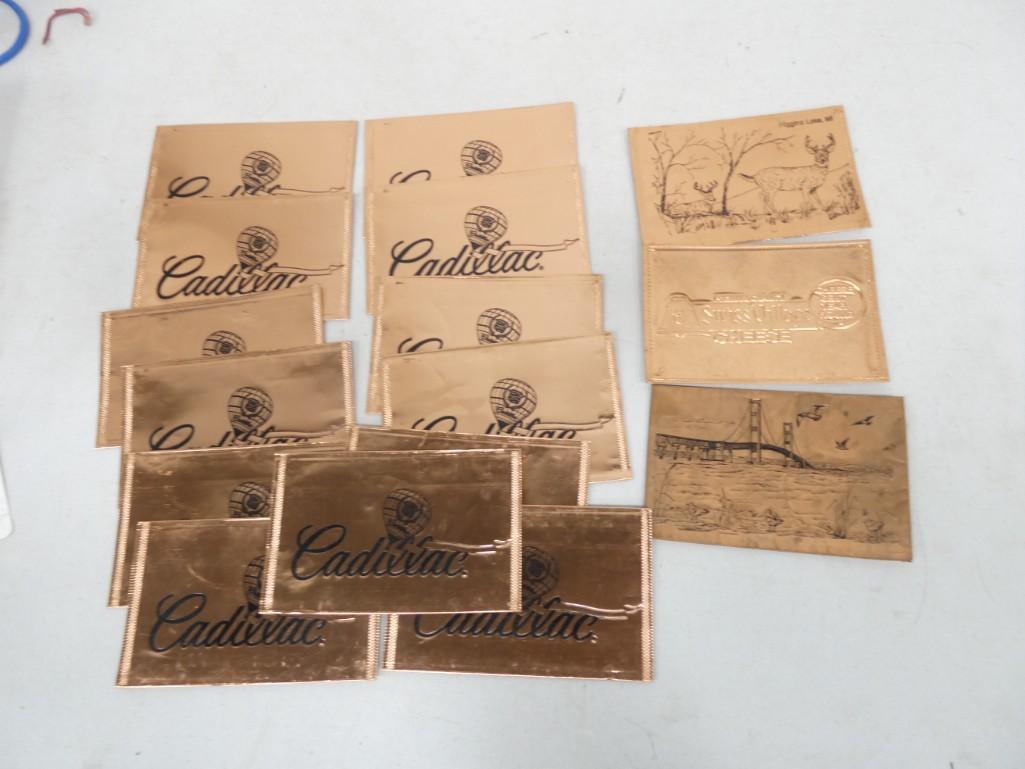 Lot of Copper Postcards including Cadillac, Higgins Lake, Swiss Village Cheese, Golden Gate Bridge: Lot of Copper Postcards including Cadillac, Higgins Lake, Swiss Village Cheese, Golden Gate Bridge. These are copper on the one side and the postcard on the other.