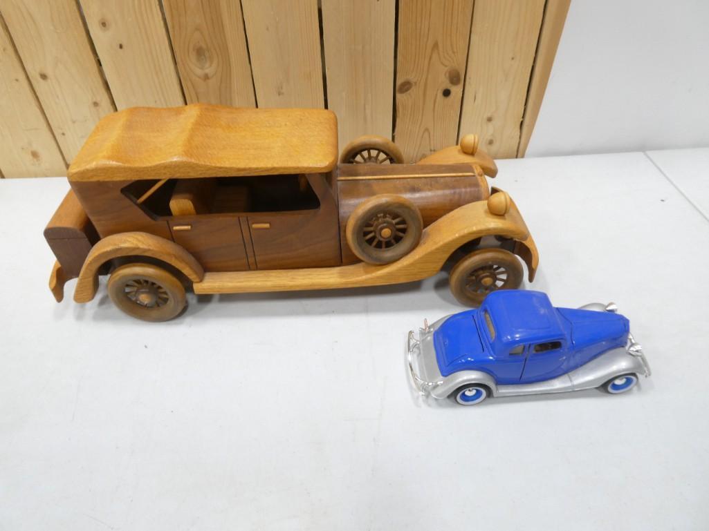 Pair of Cars including Wooden 1930 Packard and Blue metal car: Pair of Cars including Wooden 1930 Packard and Blue metal car