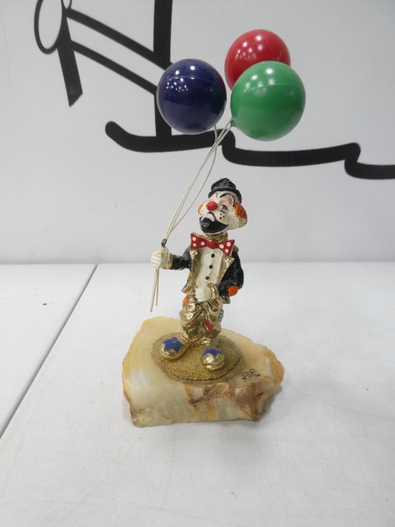 Ron Lee Signed Hobo Clown on stone base: Ron Lee Signed Hobo Clown holding balloons on stone base