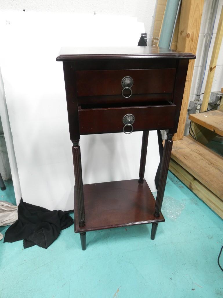 Small Wood Side Table with 2 Drawers and a Shelf on the Bottom: Small Wood Side Table with 2 Drawers and a Shelf on the Bottom . Approx 32" tall, 15"x12"