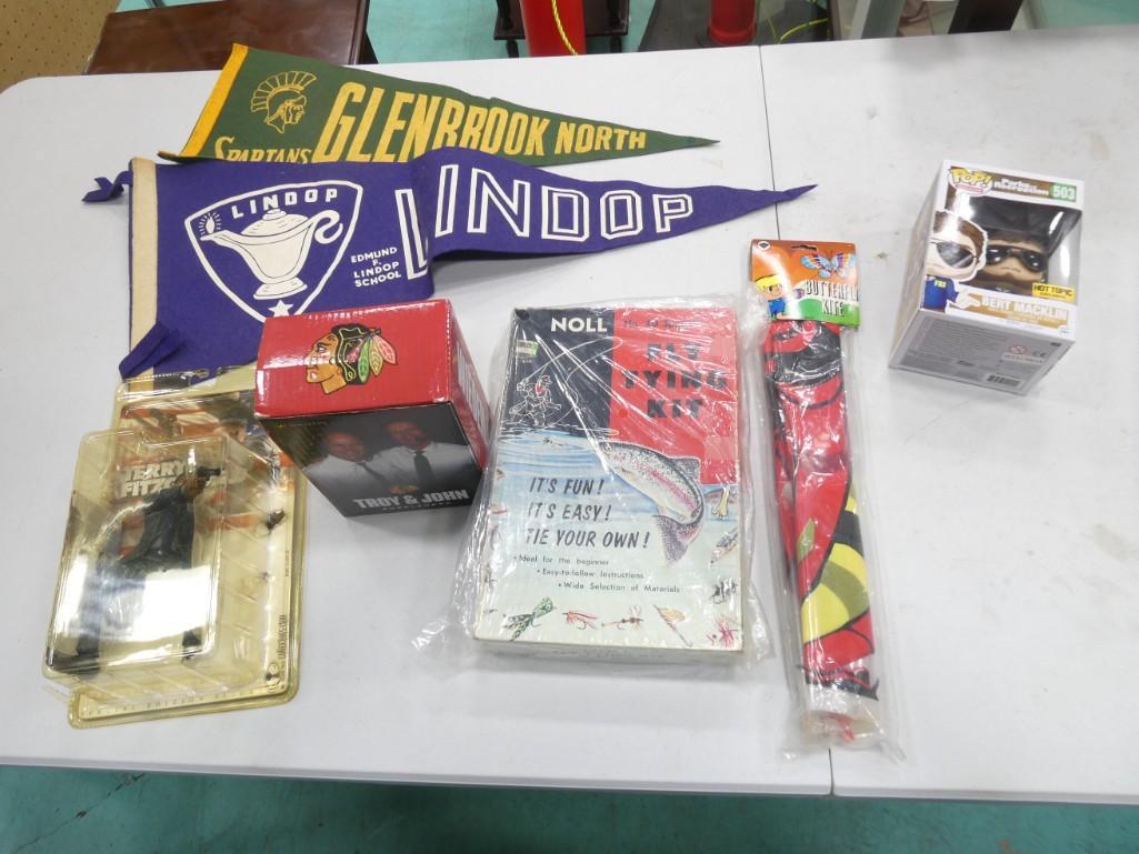 Misc Lot incl Butterfly Kite, Funko Pop, Vintage Pennants, Chicago Blackhawks Bobblehead, (1 of 8)