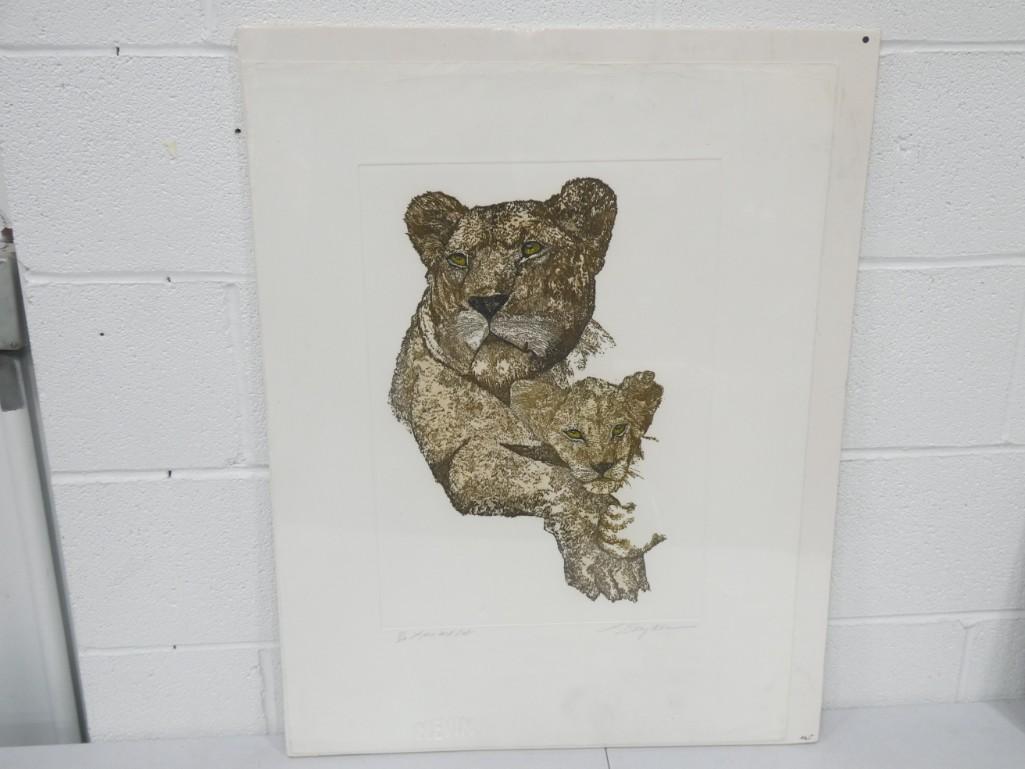 Lawrence Snyder Signed Color Etching "Lion and Cub" 37 / 250 (1 of 5)