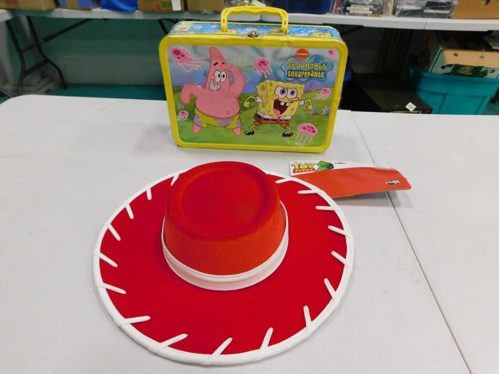 Spongebob Squarepants Metal Lunchbox and a Jesse from Toy Story Hat: Spongebob Squarepants Metal Lunchbox and a Jesse from Toy Story Hat. Hat is new with tags