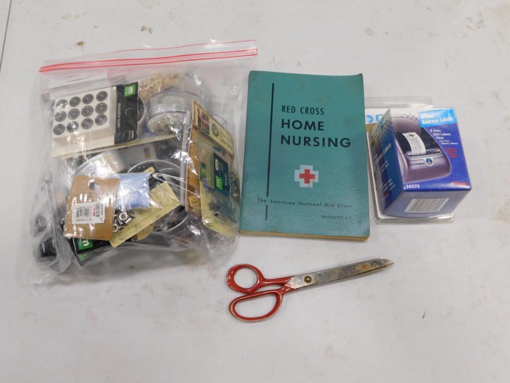 Misc incl Vintage Red Cross Nursing Book, Crafting and Hardware, Dymo Label Writer, Scissors: Misc incl Vintage Red Cross Nursing Book, Crafting and Hardware, Dymo Label Writer, Scissors