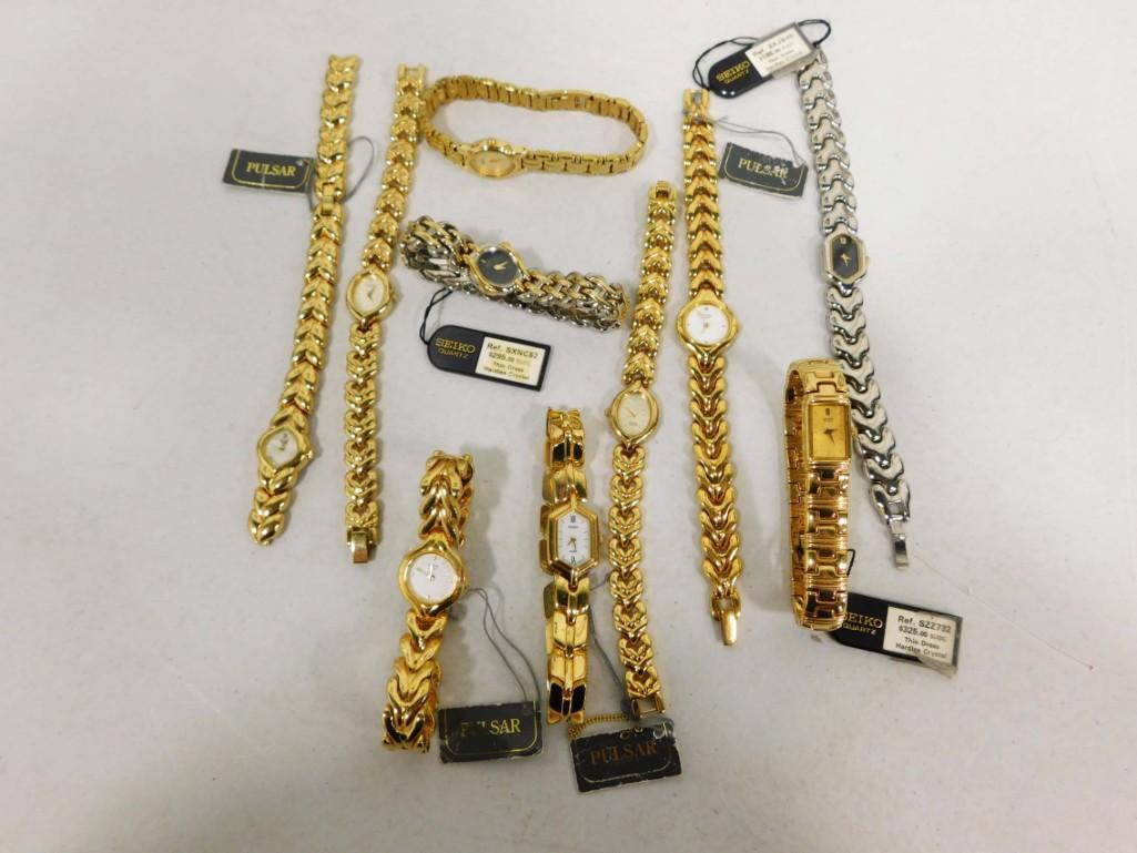 Lot of Watches incl Pulsar, Seiko, etc, Most with Tags: Lot of Watches incl Pulsar, Seiko, etc, Most with Tags Condition: 1 has a broken band, all are untested