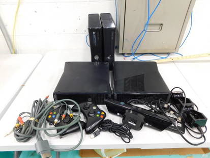 Lot of 4 XBox 360 Video Game Consoles with controllers, accessories, etc.: Lot of 4 XBox 360 Video Game Consoles with controllers, accessories, etc. Comes with everything shown. Untested.