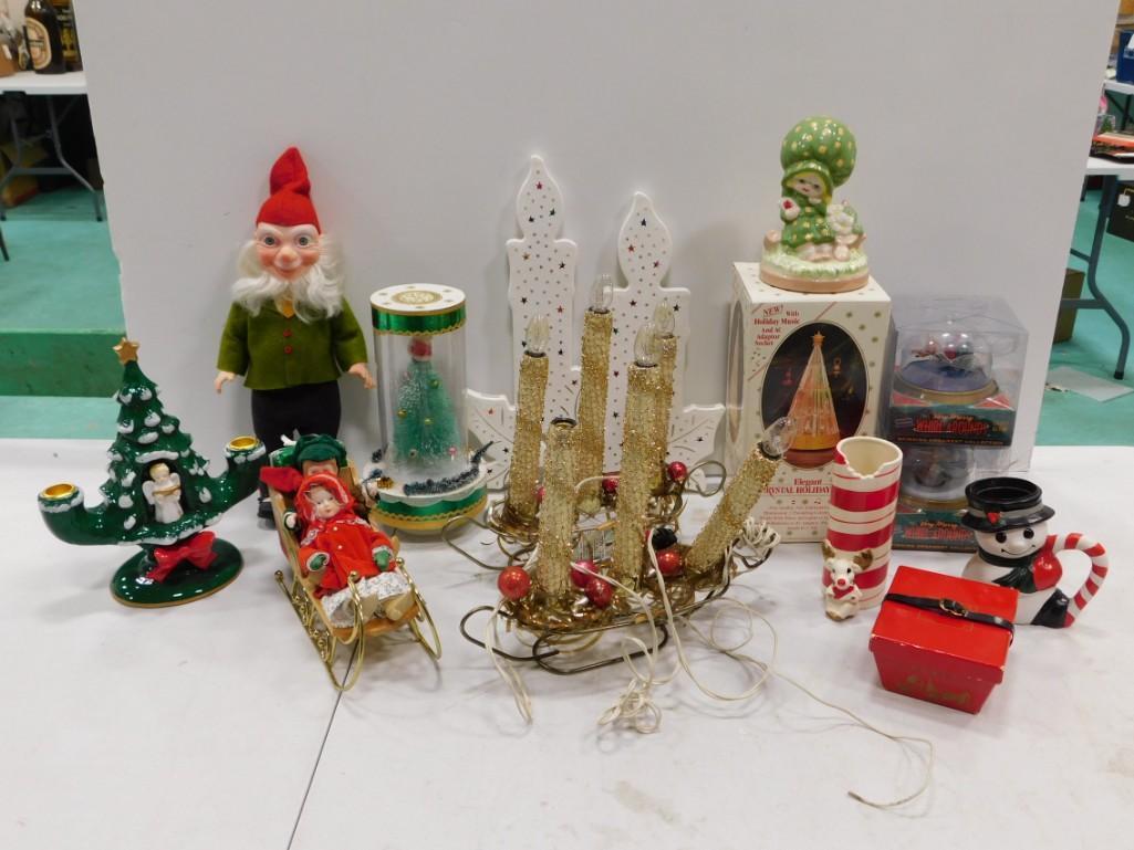Christmas Lot incl Vintage Elf Doll, Bottle Brush Tree, Ceramic Christmas Tree Candle Holder, (1 of 6)