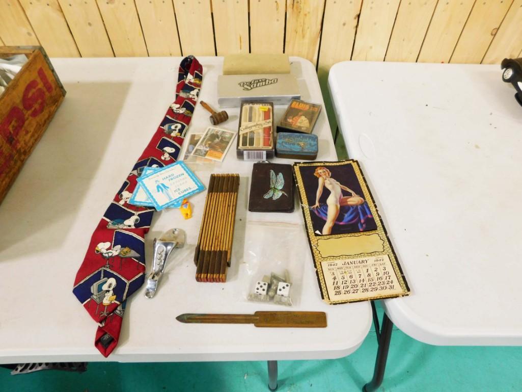 Vintage Smalls incl 1942 Pin Up Girl Calendar, Snoopy Tie, Folding Ruler, Tiny Gavel,: Vintage Smalls incl 1942 Pin Up Girl Calendar, Snoopy Tie, Folding Ruler, Tiny Gavel, Edgeworth Tin, Pens, etc