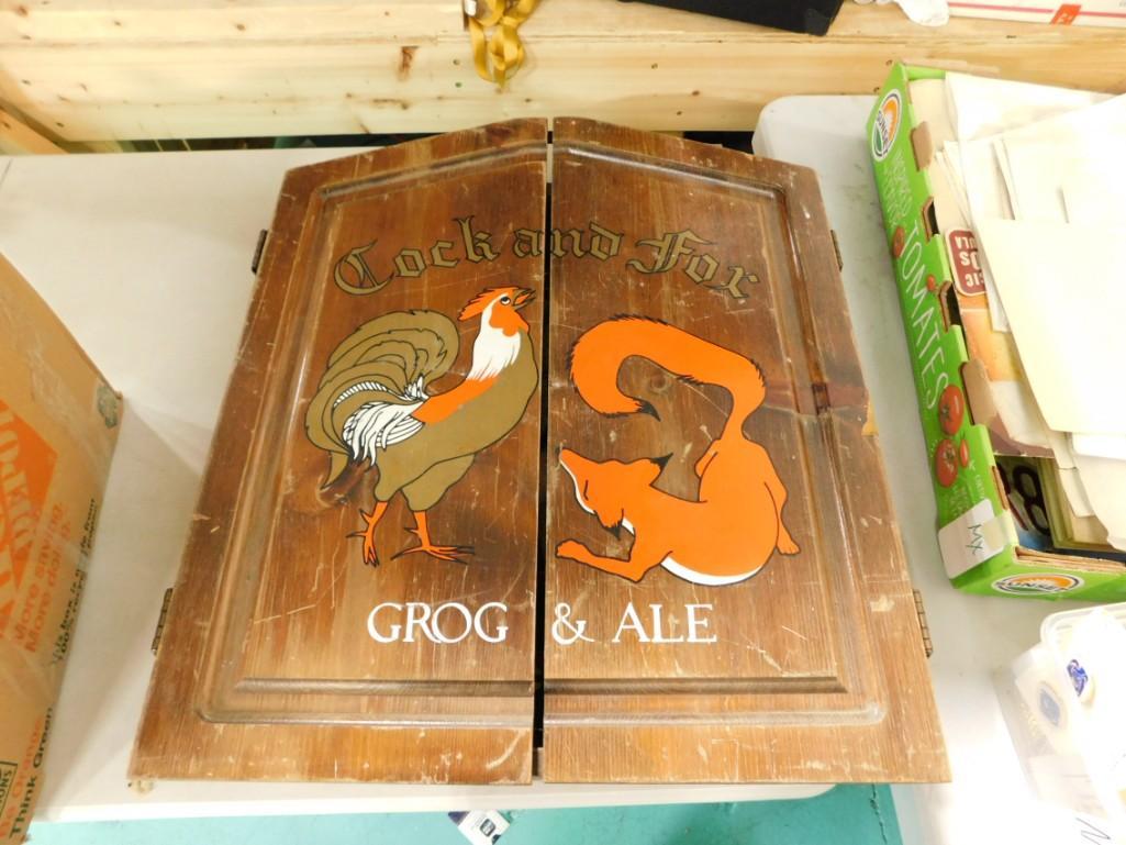 Cock and Fox Grog & Ale Dart Board Cabinet with Dart Board and 2 Darts: Cock and Fox Grog & Ale Dart Board Cabinet with Dart Board and 2 Darts