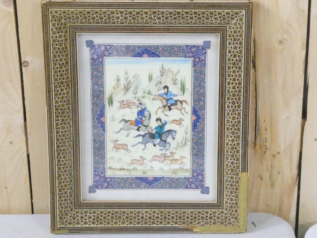 Modern Persian Miniature Painted Tile: Modern Persian Miniature Painted Tile 16"x13" . Framed but frame has damage