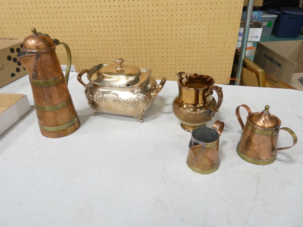 Vintage Items incl Hammered Copper an Brass Coffee Carafe, Creamer, and Sugar, Ceramic (1 of 6)