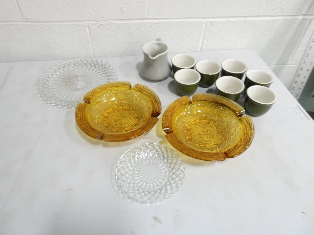 Hall Pottery Teacups and a Small Pitcher, 2 Vintage Glass Ashtrays, 2 Plates (1 of 7)