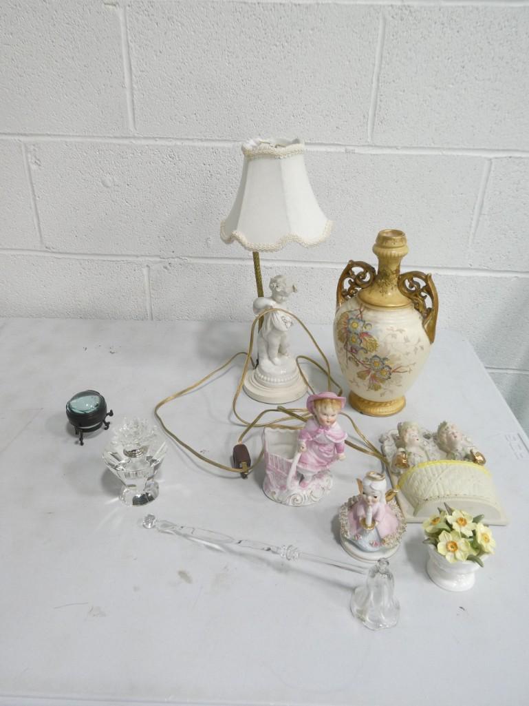 Collectibles incl Crystal Perfume Bottle, Small Clock, Cherub Lamp, Bonn Vase, Figurine, (1 of 14)