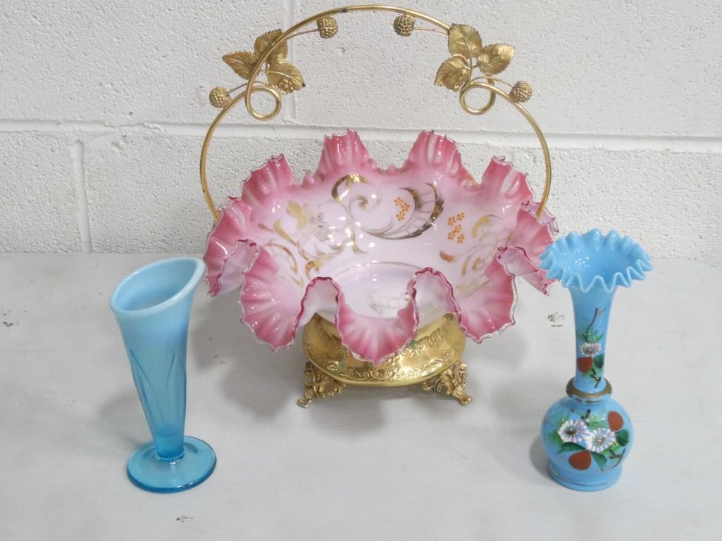 2 Blue Glass Vases incl 1 Opalescent and 1 with Ruffled Edge and a Bowl with Ruffled Edge and Stand: 2 Blue Glass Vases incl 1 Opalescent and 1 with Ruffled Edge and a Bowl with Ruffled Edge and Stand Condition: bowl is cracked and repaired