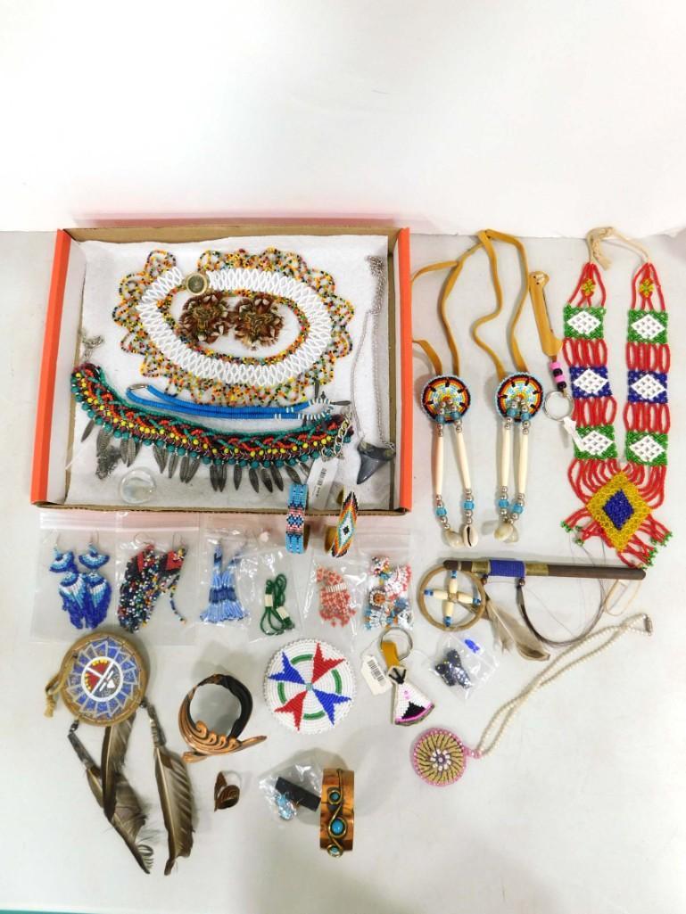 Native American Indian Beaded & Copper Jewelry, Shark's Tooth Lot: Lot includes Native American made and Native American style beaded items, Fetish bone figure, earrings, necklaces, bracelets, Pow Wow hair ties, copper bracelet sets, leather shield, large sharks toot