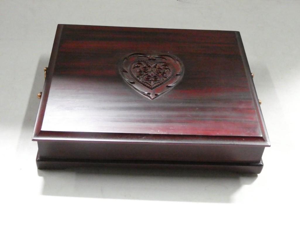 Costume Jewelry and Sterling Silver in a Wood Jewelry Box: Wooden Jewelry Box with a few pieces of costume jewelry including some sterling silver