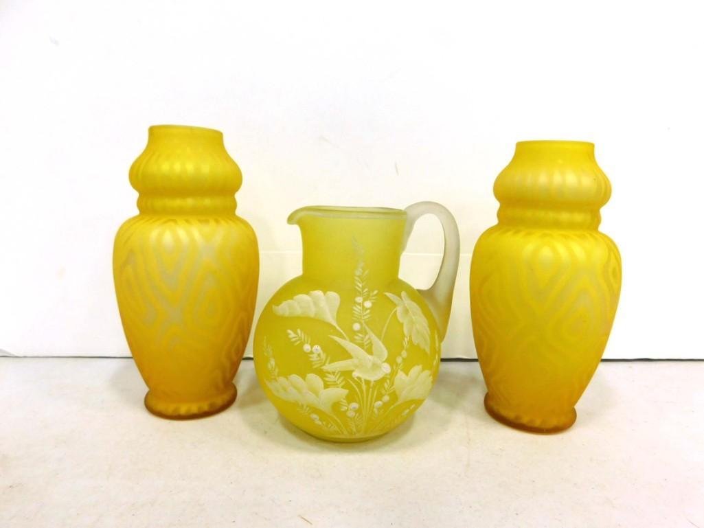 Pair of Antique Yellow Cased Glass Vases Mother of Pearl Diamond Pattern and a Yellow Satin Glass (1 of 3)