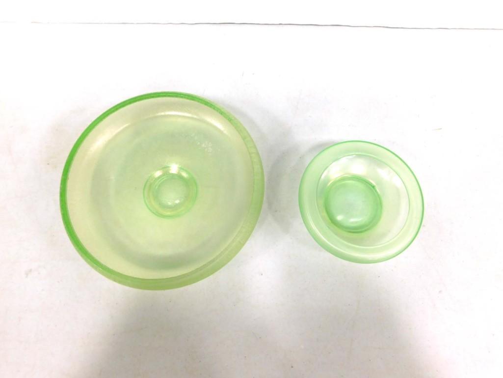 2 Uranium Carnival Glass Bowls: 2 Green Uranium Carnival Glass Bowls . Nice Iridescence . The larger one is rough around the entire rim (I think this may be part of the pattern) and the smaller one is smooth. These glow under black 