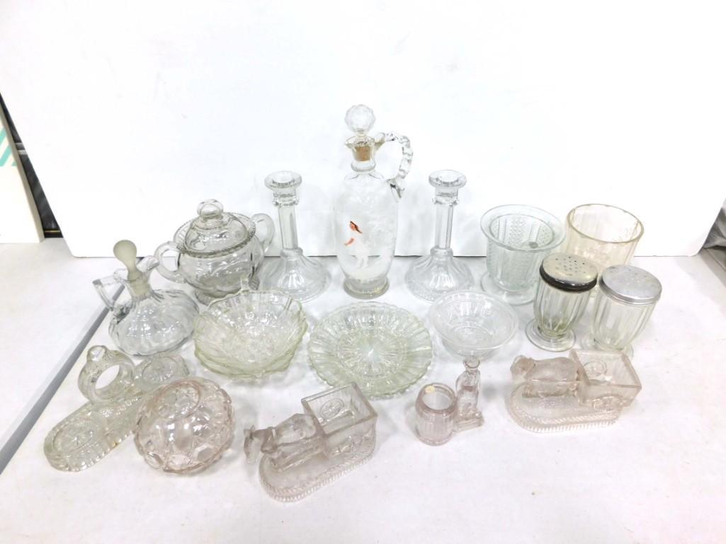 Vintage and Antique Clear Glass incl Shakers, Cruets, Figural Toothpick Holder, Bowls, etc (1 of 5)