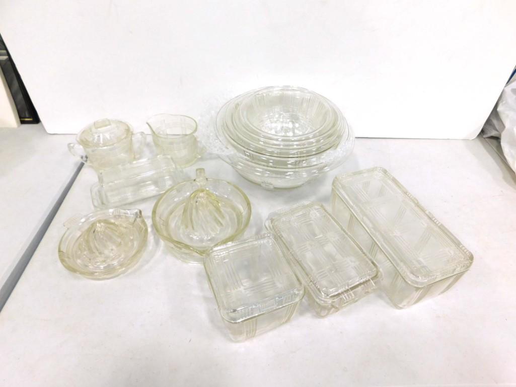 Hazel Atlas Crisscross Clear Depression Glass Lot incl Nesting Bowls, Butter Dish, Reamers, etc: Hazel Atlas Crisscross Clear Depression Glass Lot incl Nesting Bowls, Butter Dish, Reamers, etc