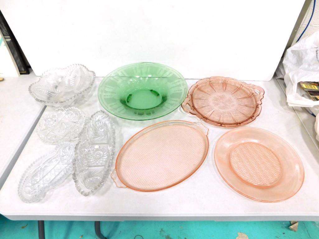Glassware Lot incl Green Depression Glass Console Bowl, Pink Depression Glass Serving Trays or Plate (1 of 7)