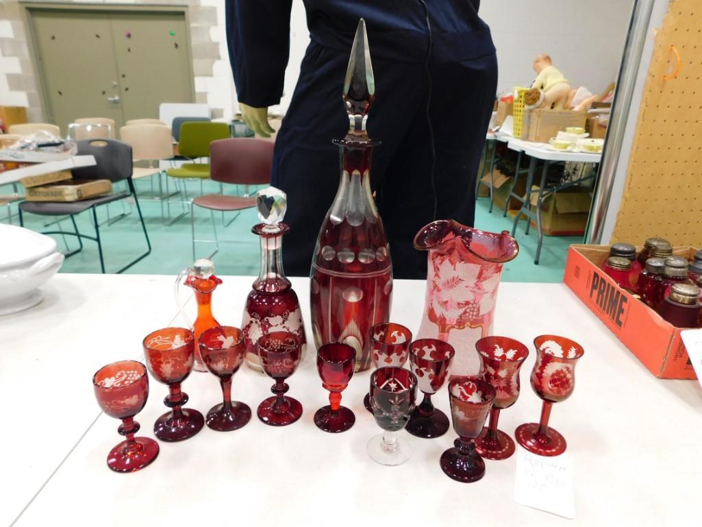 Antique and Vintage Red Cut to Clear Glass incl Decanters, Liqueur Glasses, Vase, etc (1 of 6)