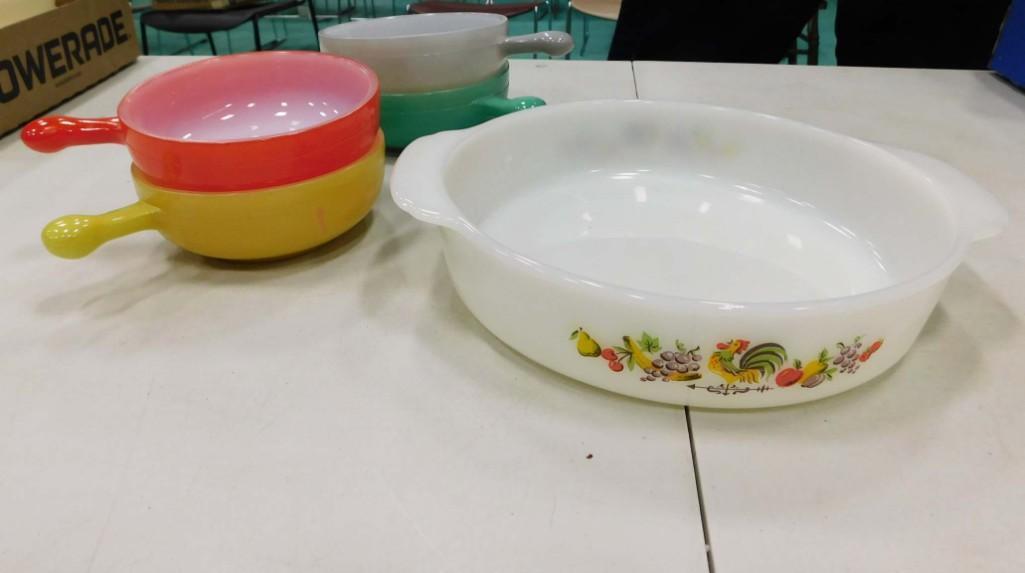 Vintage Fire King Chanticleer Rooster BAking Dish and Glasbake Soup Bowls with Handles (1 of 6)