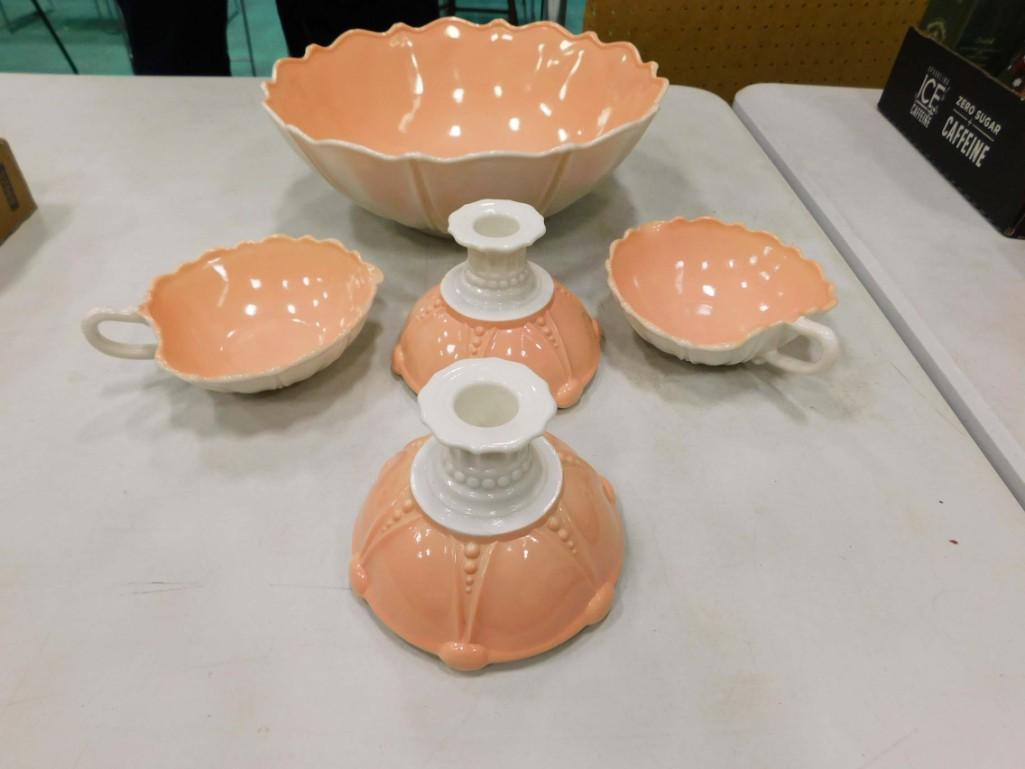 Anchor Hocking Oyster and Pearl Pink and White Large Fruit Bowl, 2 Candlestick Holders, 2 Handled He (1 of 4)