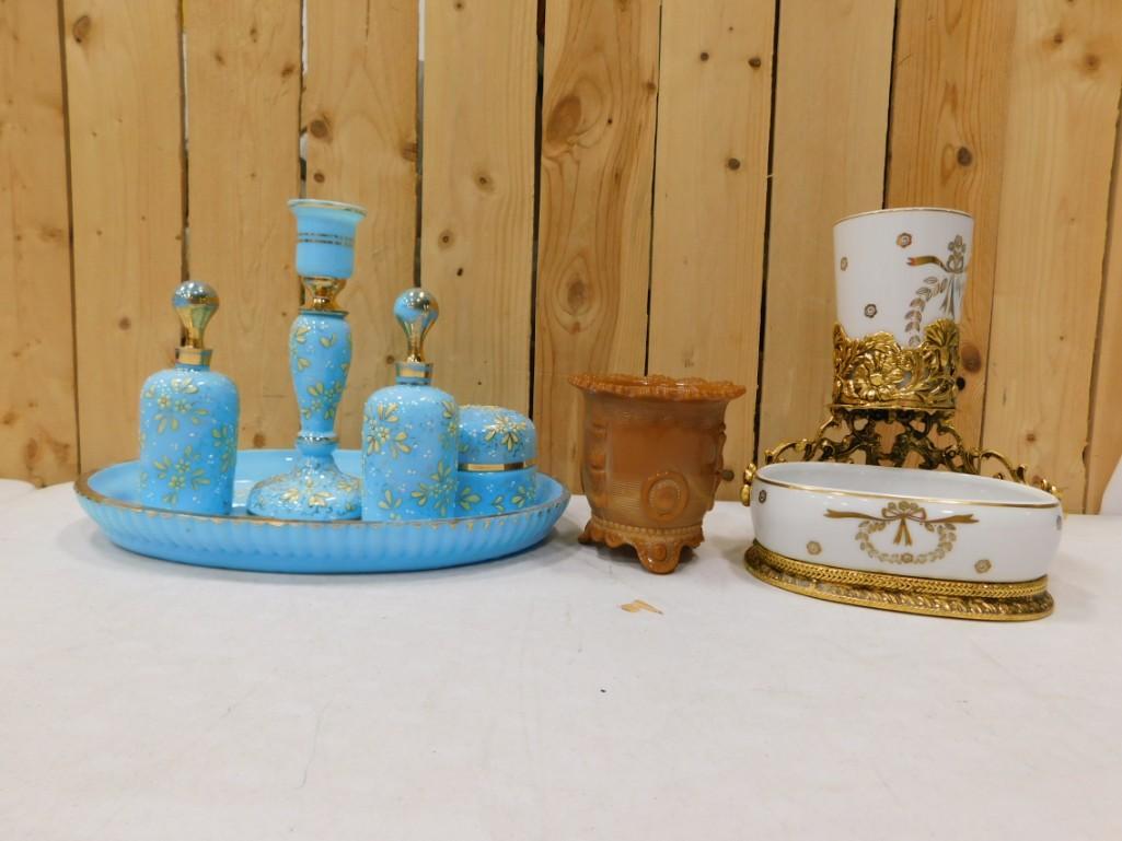 Vintage Blue Milk Glass Dresser Set, Stylebuilt Hollywood Regency Soap Dish and Cup Holde (1 of 5)