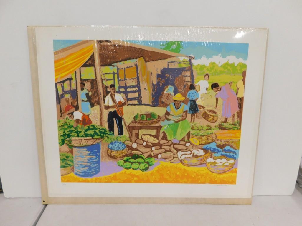 Pencil Signed Print 3 / 100 - Folk Art - Farmer's Market Scene (1 of 3)