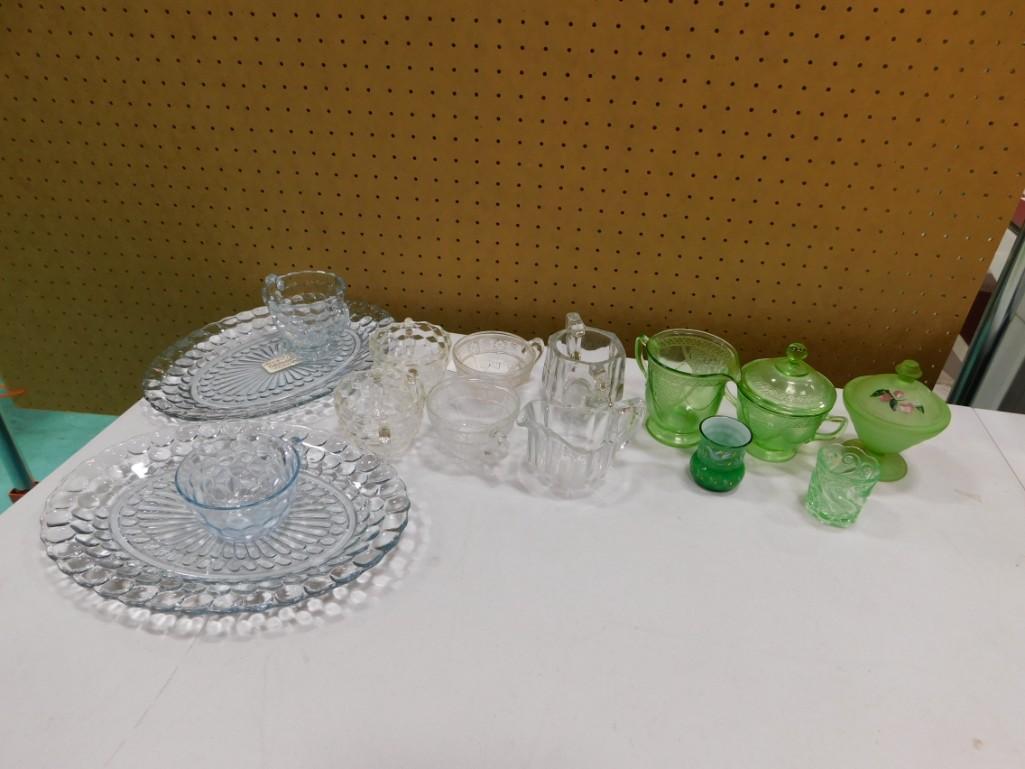 Glassware Lot incl Green Uranium Glass, Green S Wave Toothpick, Anchor Hocking Bubble, etc (1 of 6)