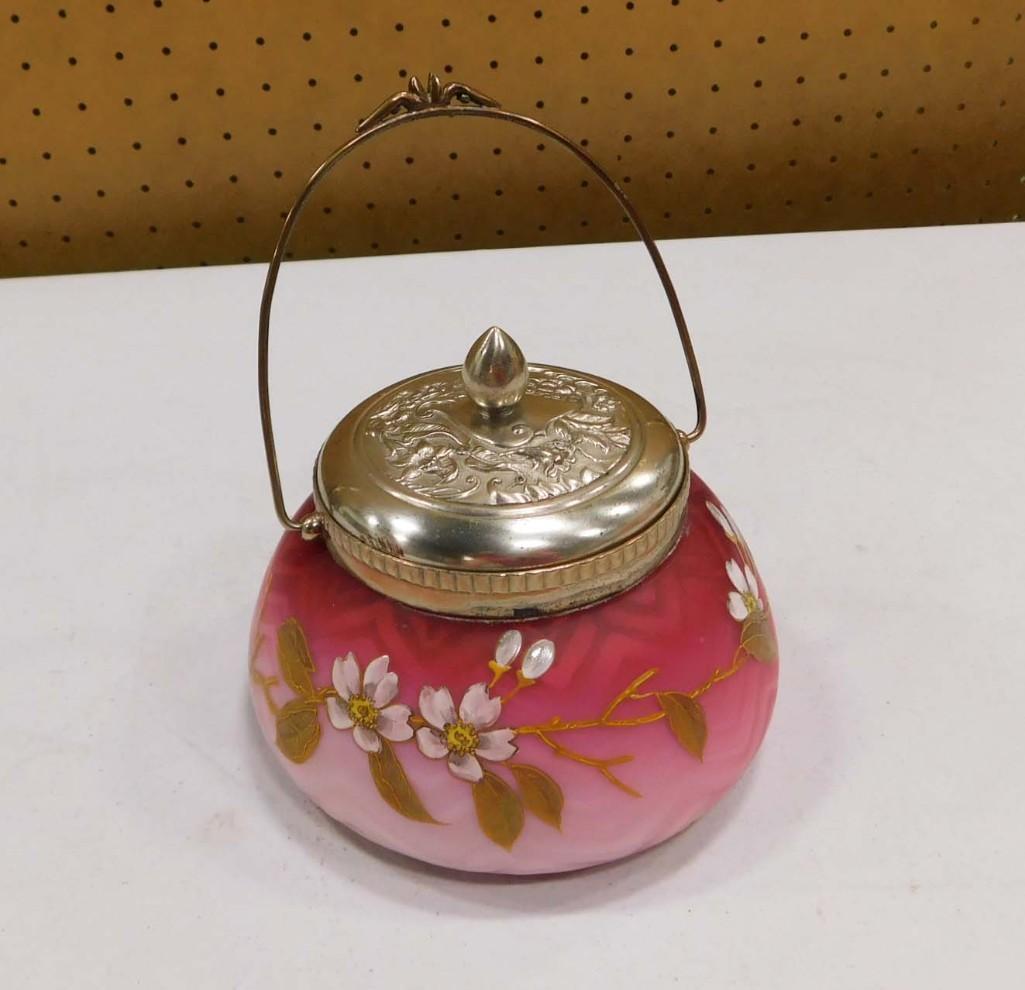Antique Satin Glass Pink and White Biscuit Jar with Metal Handle and Lid Hand Painted: Antique Satin Glass Pink and White Biscuit Jar with Metal Handle and Lid Hand Painted