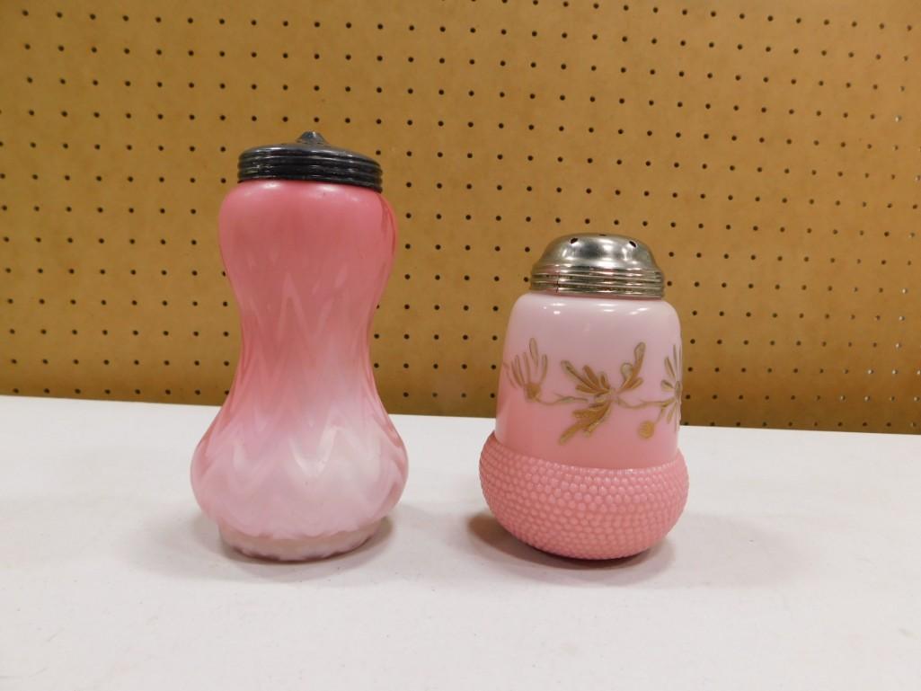 2 Antique Sugar Shakers incl 1 Antique Pink Cased Glass Vases Mother of Pearl Diamond Pattern Satin (1 of 3)