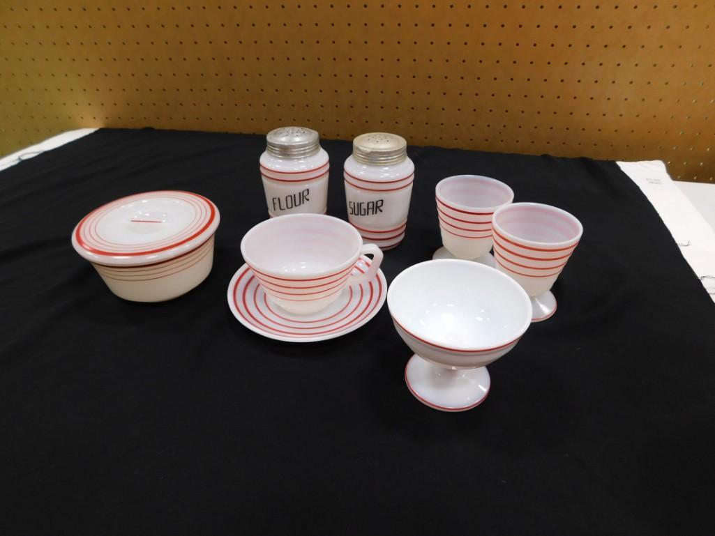 Vintage Hazel Atlas Red and White Striped Flour and Sugar Shakers, Covered Bowl, (1 of 3)