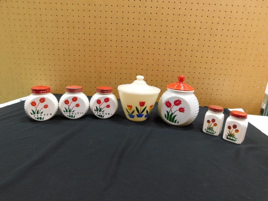 Vintage Fire King Vitrock Red and White Tulip Pattern Flour Shaker, Salt and Pepper Shakers, (1 of 4)