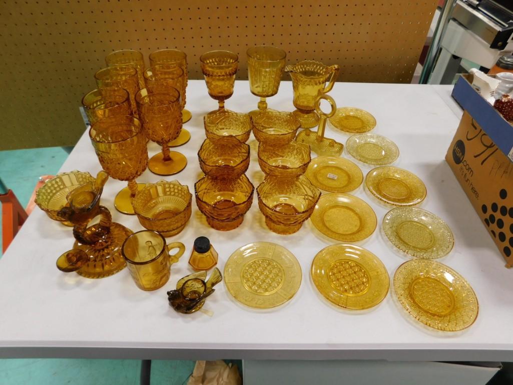 Large Lot of Vintage Amber Glass incl Stemware Glasses, Sherbets, Small Plates, etc (1 of 6)