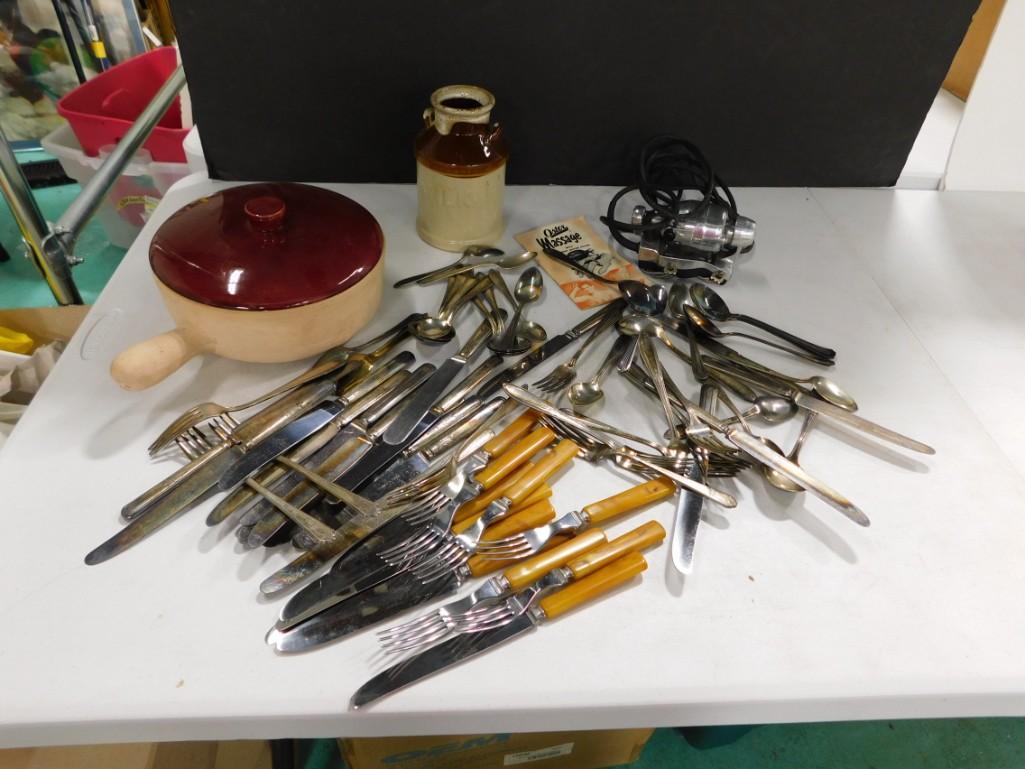 Asst Flatware, Vintage Oster Hand Massager, Stoneware Covered Dish and Milk Bottle (1 of 9)