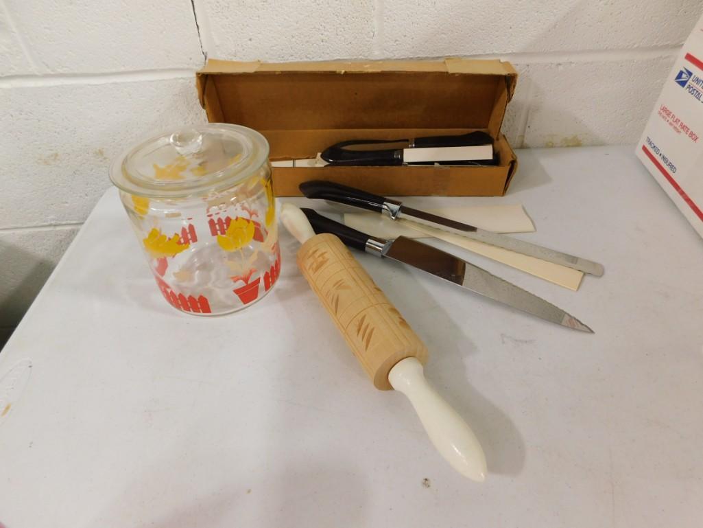 Kitchenware Lot including Ginsu Knives, Rolling pin with pattern, Jar (1 of 5)