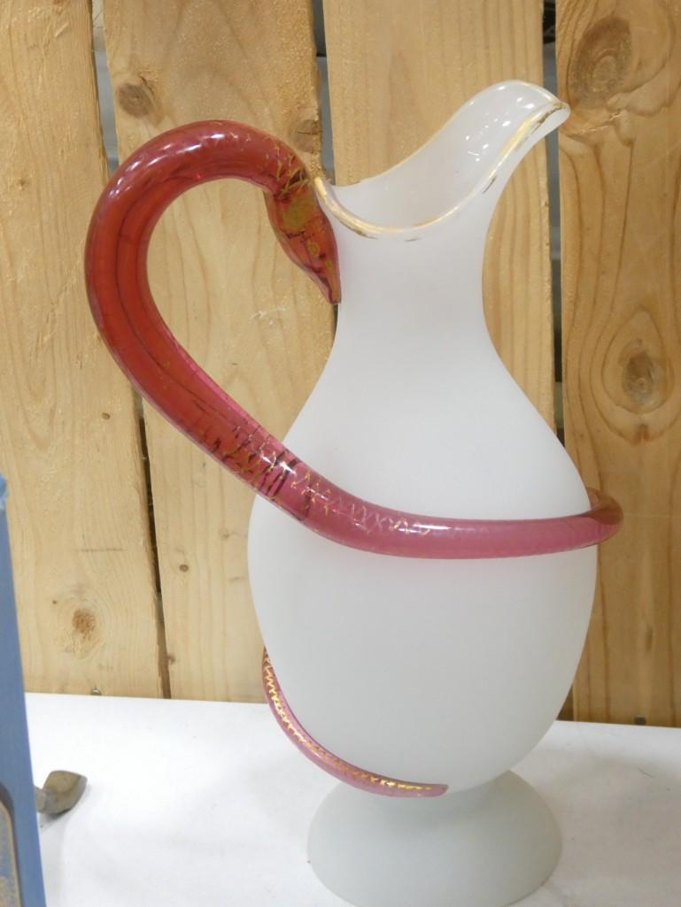 Art Glass Pitcher with an Applied Cranberry Glass Snake Handle Design (1 of 7)