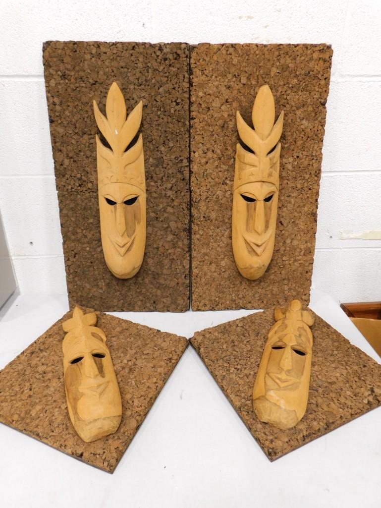 4 Vintage Carved Wood Tiki Masks on Cork Backgrounds (1 of 4)