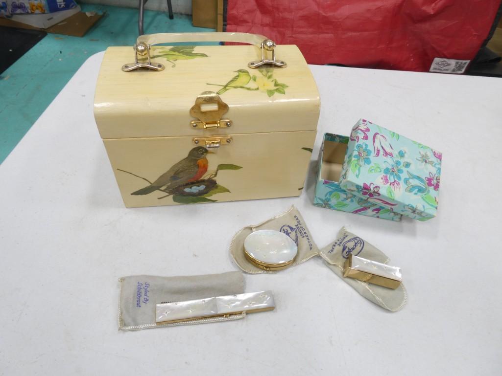 Mother of Pearl Compact Set with Compact, Lipstick Holder, and Comb and a Box with Lucite Handle (1 of 8)