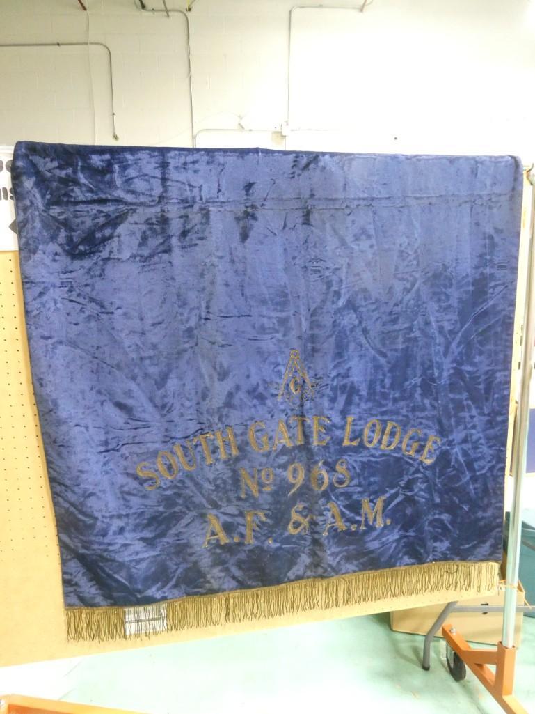 Large Freemason South Gate Lodge Fringed Blanket - Measures roughly 48x86": Large Freemason South Gate Lodge Fringed Blanket - Measures roughly 48x86" - Also included is a Freemason Pin. The blanket was likely hung in the lodge for years and accumulated all of the smoke - it'