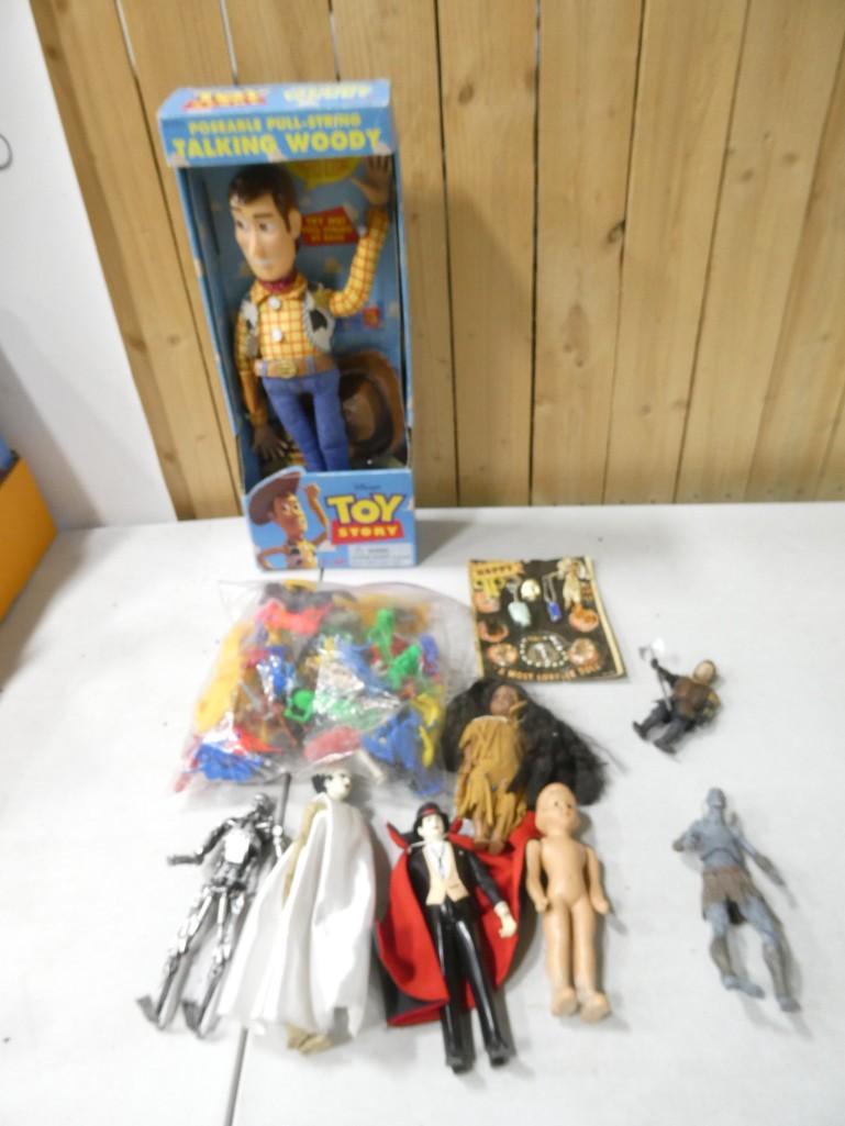 Toy Lot incl 1996 Toy Story Talking Woody, Plastic Army Men, Gumball Machine Toy Front, Asst Dolls (1 of 8)