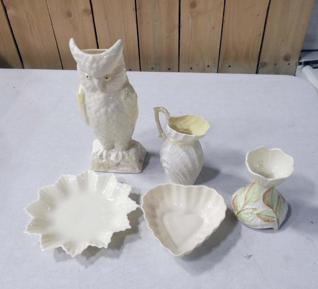5 Belleek Porcelain Items incl Owl Vase, Trinket Dishes, Small Vase and Creamer (1 of 7)