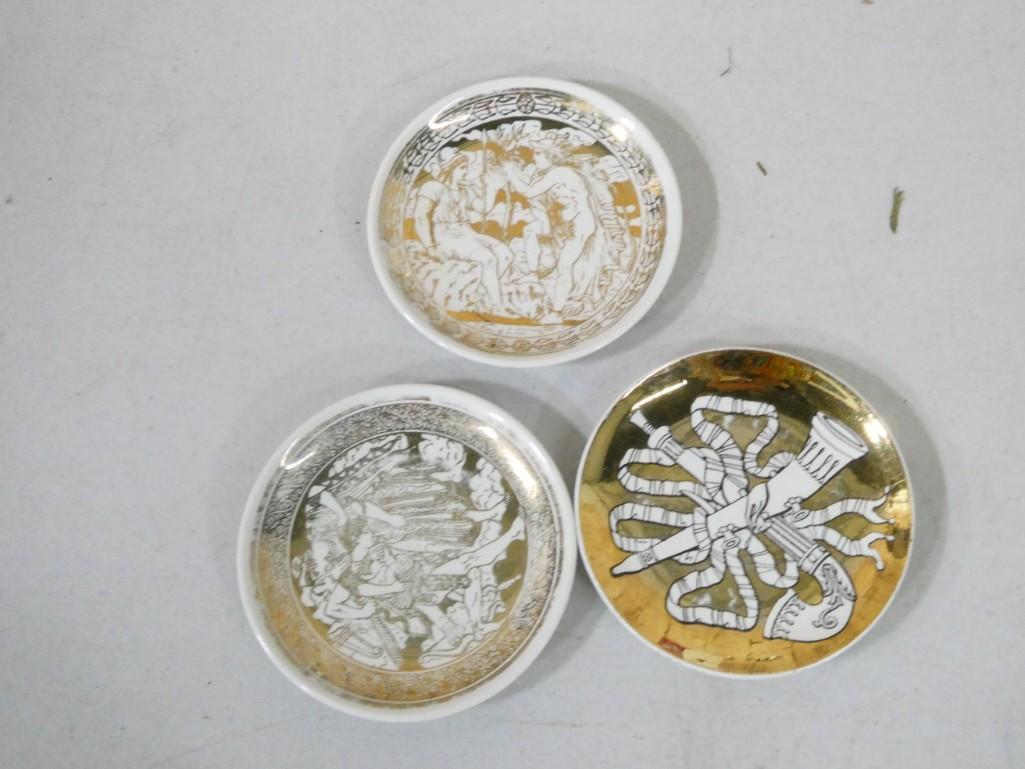 3 Piero Fornasetti for Bonwit Teller Gilt Ceramic Coasters incl 2 Mitologla Series and (1 of 5)