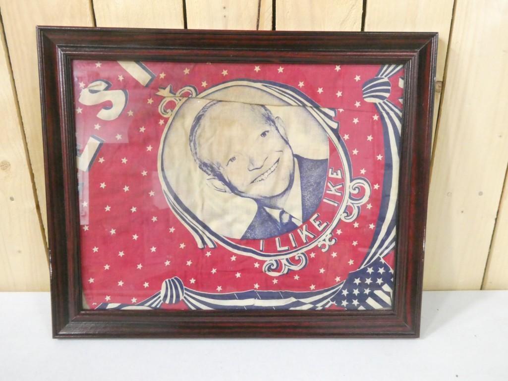 Vintage Eisenhower I Like Ike Framed Cloth: Vintage Eisenhower I Like Ike Framed Cloth Presidential Campaign Item 13"x16"