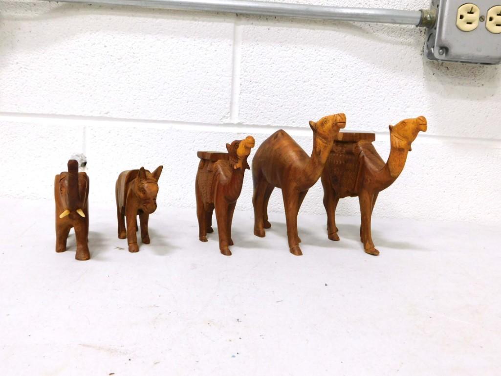 Carved Wood Animals incl Camels, Donkey, Elephant (1 of 2)
