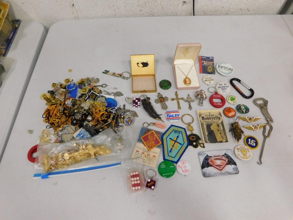 Lot of Smalls incl Jewelry, Religious, Pins, Dice, Key Chins, Patches, Etc (1 of 3)